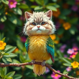 A whimsical creature with the head of a fluffy cat and the body of a colorful bird, perched on a branch
