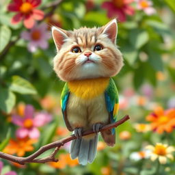 A whimsical creature with the head of a fluffy cat and the body of a colorful bird, perched on a branch