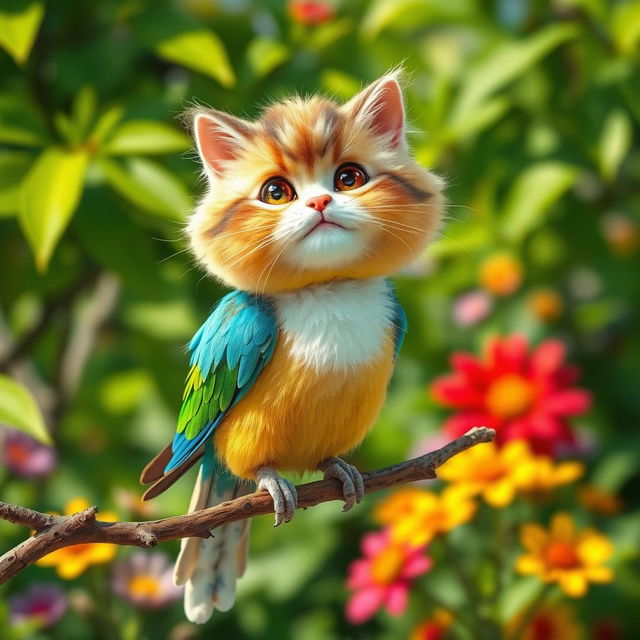 A whimsical creature with the head of a fluffy cat and the body of a colorful bird, perched on a branch
