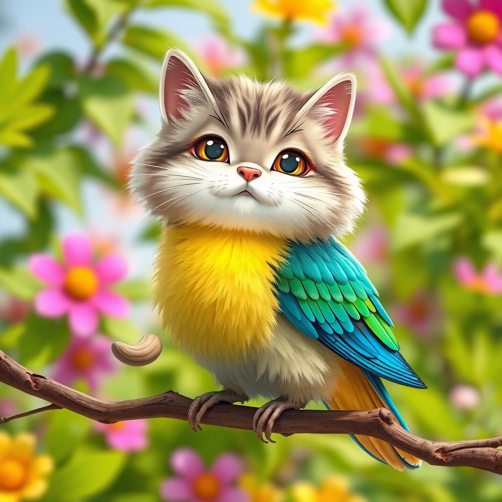 A whimsical creature with the head of a fluffy cat and the body of a colorful bird, perched on a branch