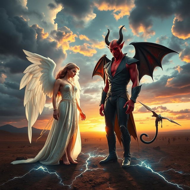 A deeply conceptual image depicting the dramatic meeting of a devil from hell and an angel from heaven on Earth