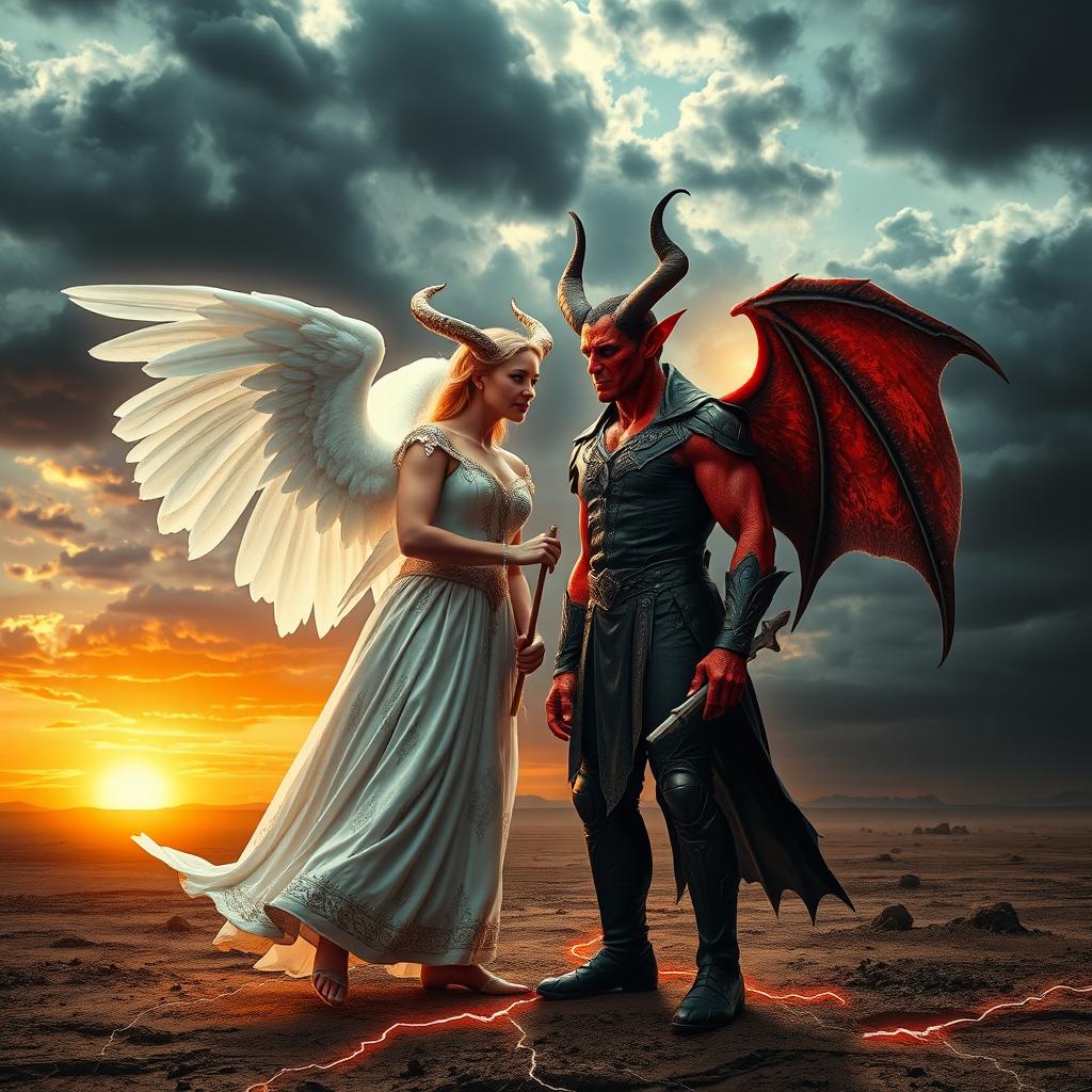 A deeply conceptual image depicting the dramatic meeting of a devil from hell and an angel from heaven on Earth