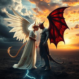 A deeply conceptual image depicting the dramatic meeting of a devil from hell and an angel from heaven on Earth
