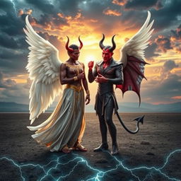 A deeply conceptual image depicting the dramatic meeting of a devil from hell and an angel from heaven on Earth