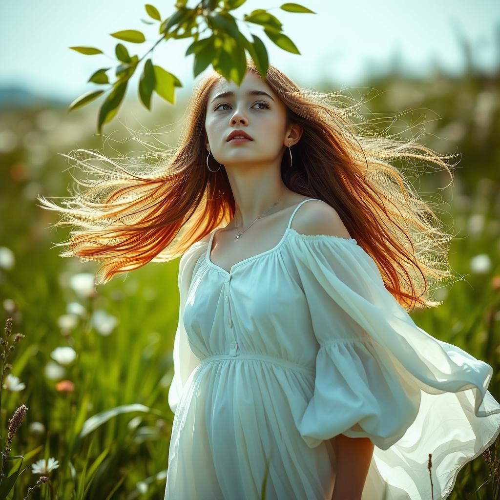 A young woman with flowing long hair, wearing a flowing white dress, standing in a lush green field