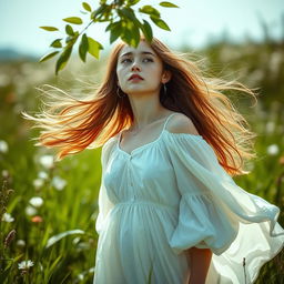 A young woman with flowing long hair, wearing a flowing white dress, standing in a lush green field