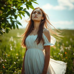 A young woman with flowing long hair, wearing a flowing white dress, standing in a lush green field