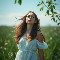 A young woman with flowing long hair, wearing a flowing white dress, standing in a lush green field