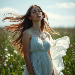 A young woman with flowing long hair, wearing a flowing white dress, standing in a lush green field