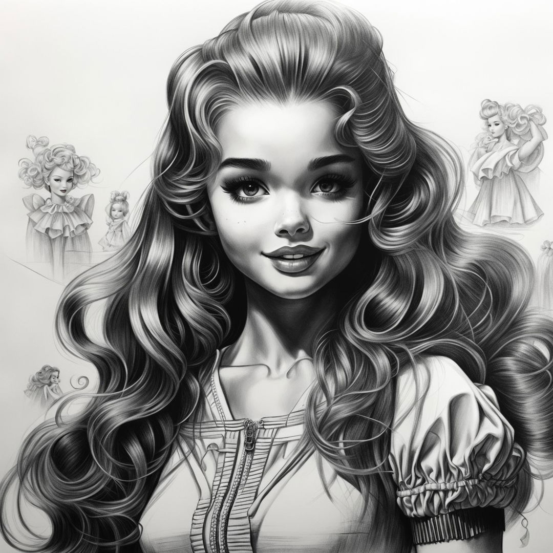 This is a detailed, high-quality black and white pencil drawing of Barbie