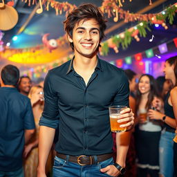 A vibrant party scene featuring a young man in an energetic atmosphere