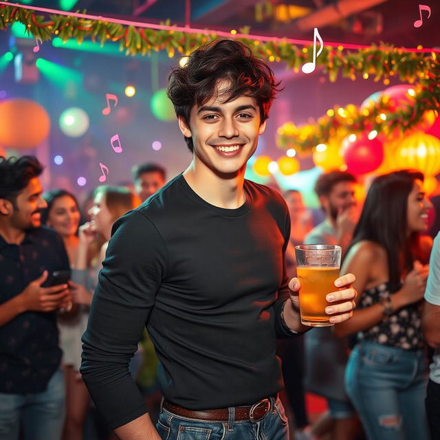 A vibrant party scene featuring a young man in an energetic atmosphere