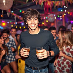 A vibrant party scene featuring a young man in an energetic atmosphere