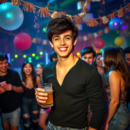 A vibrant party scene featuring a young man in an energetic atmosphere