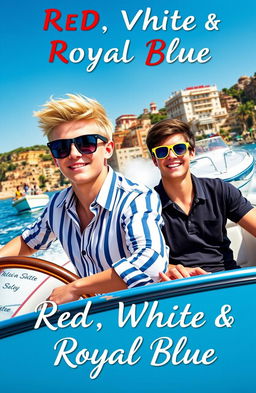 A romantic book cover inspired by the style of 'Red, White & Royal Blue', featuring two teenage boys riding a speedboat in Italy