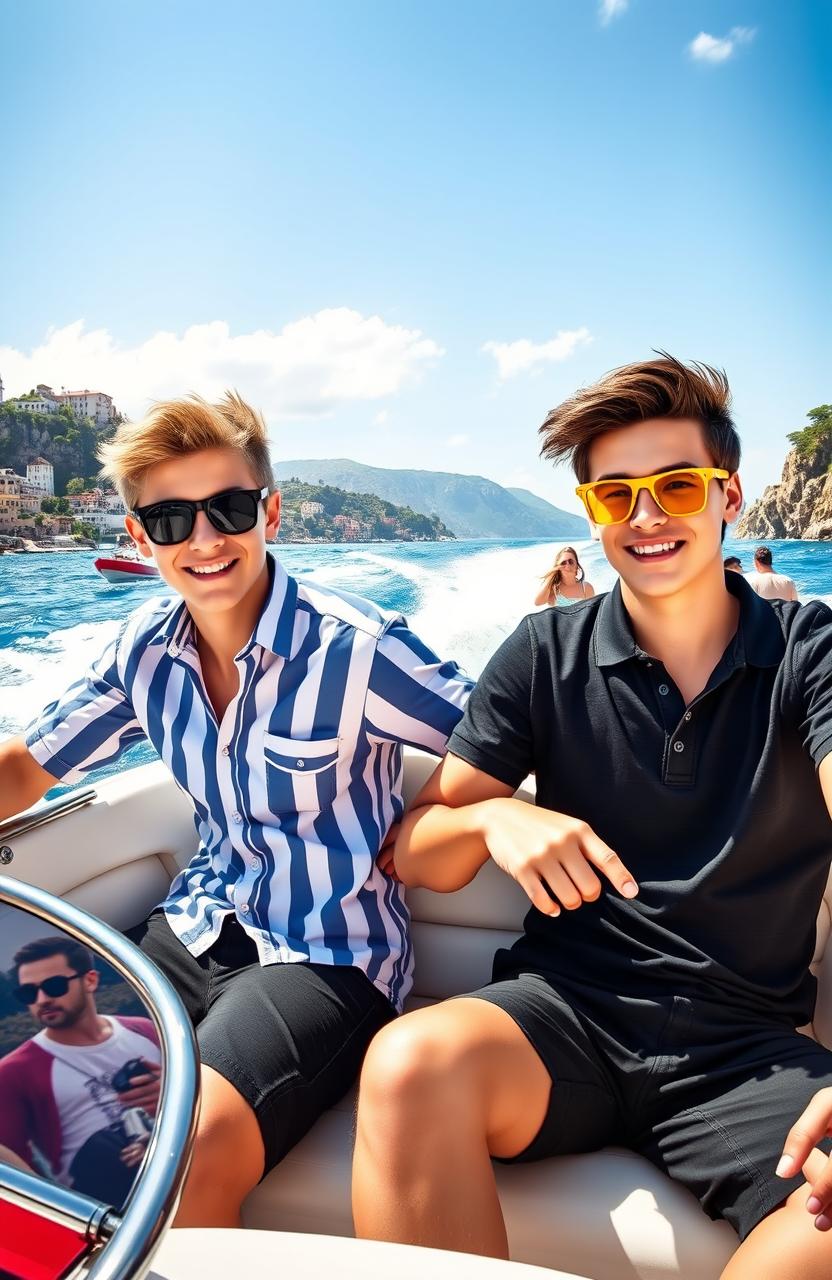 A romantic book cover inspired by the style of 'Red, White & Royal Blue', featuring two teenage boys riding a speedboat in Italy