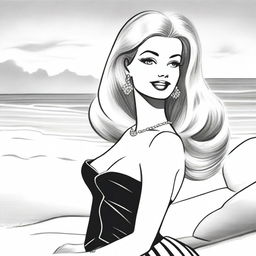 A black and white pencil sketch depicting Barbie, in her iconic fashion, enjoying a day at the beach