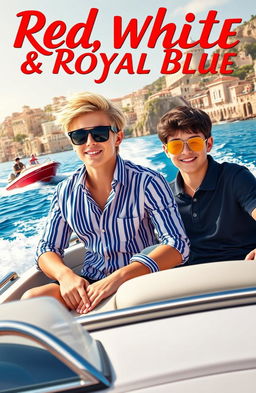 A romantic book cover inspired by the style of 'Red, White & Royal Blue', featuring two teenage boys riding a speedboat in Italy