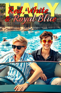 A romantic book cover inspired by the style of 'Red, White & Royal Blue', featuring two teenage boys riding a speedboat in Italy