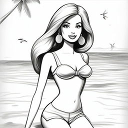 A black and white pencil sketch depicting Barbie, in her iconic fashion, enjoying a day at the beach