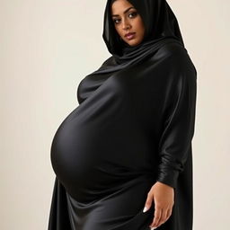 A voluptuous woman wearing a black satin silky burqa that highlights her curves, particularly her large hips and breasts