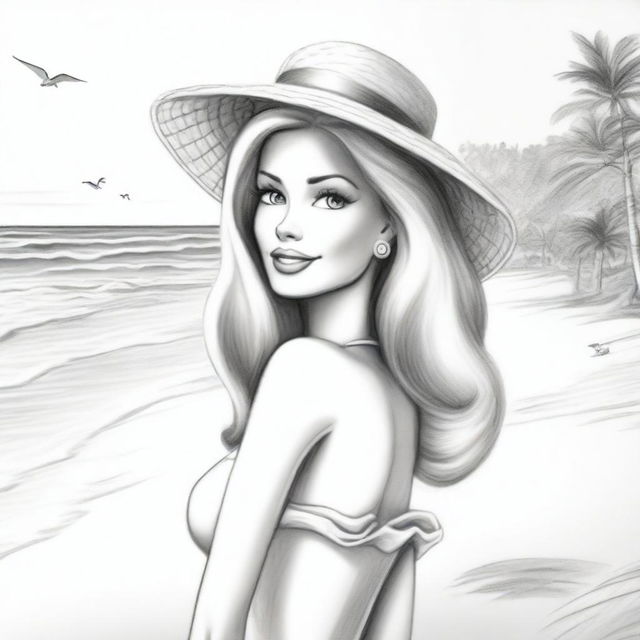 A black and white pencil sketch depicting Barbie, in her iconic fashion, enjoying a day at the beach