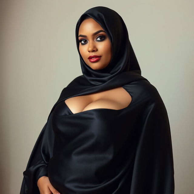 A voluptuous woman wearing a black satin silky burqa that highlights her curves, particularly her large hips and breasts