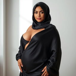 A voluptuous woman wearing a black satin silky burqa that highlights her curves, particularly her large hips and breasts