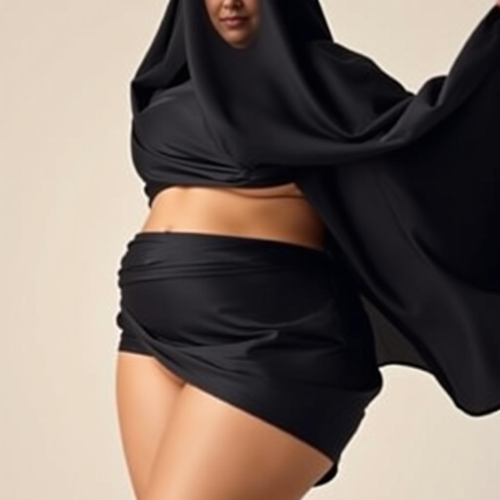 A voluptuous woman wearing a black satin silky burqa that highlights her curves, particularly her large hips and breasts