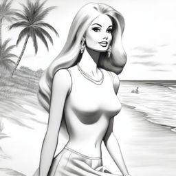 A black and white pencil sketch depicting Barbie, in her iconic fashion, enjoying a day at the beach