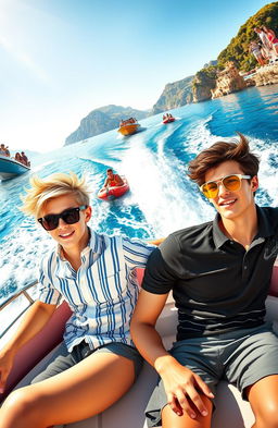 A romantic book cover featuring two teenage boys on a high-speed boat gliding through the beautiful waters of Italy, surrounded by picturesque coastal scenery