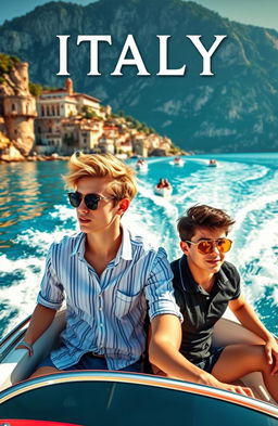 A romantic book cover featuring two teenage boys on a high-speed boat gliding through the beautiful waters of Italy, surrounded by picturesque coastal scenery