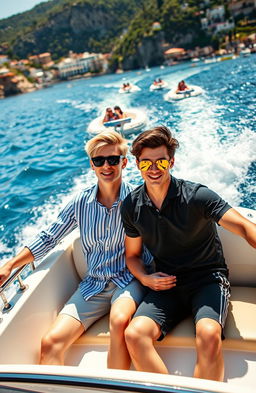 A romantic book cover featuring two teenage boys on a high-speed boat gliding through the beautiful waters of Italy, surrounded by picturesque coastal scenery