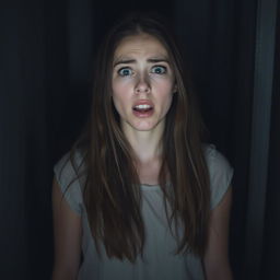 A young woman with an expression of distress, her eyes wide and mouth slightly open as if she's gasping