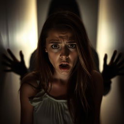 A young woman with an expression of distress, her eyes wide and mouth slightly open as if she's gasping