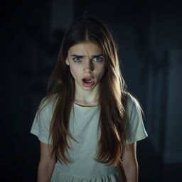 A young woman with an expression of distress, her eyes wide and mouth slightly open as if she's gasping