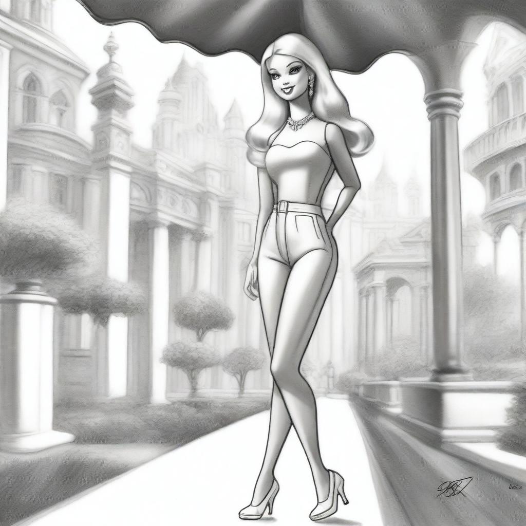 This is another distinct black and white pencil sketch, showcasing Barbie in a different pose