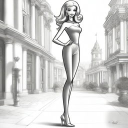 This is another distinct black and white pencil sketch, showcasing Barbie in a different pose