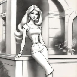 This is another distinct black and white pencil sketch, showcasing Barbie in a different pose