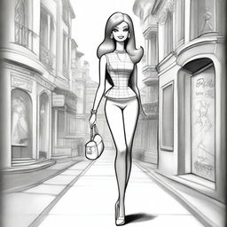 This is another distinct black and white pencil sketch, showcasing Barbie in a different pose