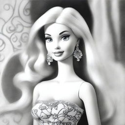 A different black and white pencil sketch of Barbie is presented here