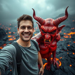 A joyful man taking a selfie with an angry devil in a serene hellscape