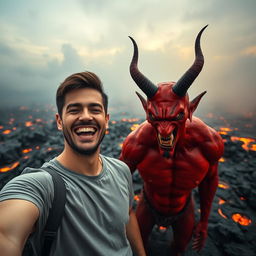 A joyful man taking a selfie with an angry devil in a serene hellscape
