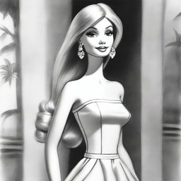 A different black and white pencil sketch of Barbie is presented here