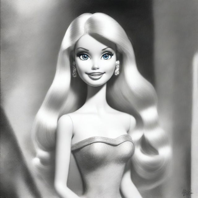 A different black and white pencil sketch of Barbie is presented here