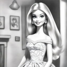 A different black and white pencil sketch of Barbie is presented here