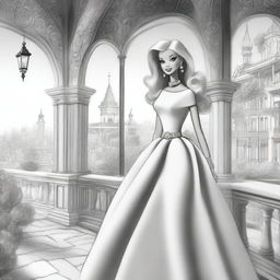 A fresh black and white pencil illustration, portraying Barbie in a unique setting