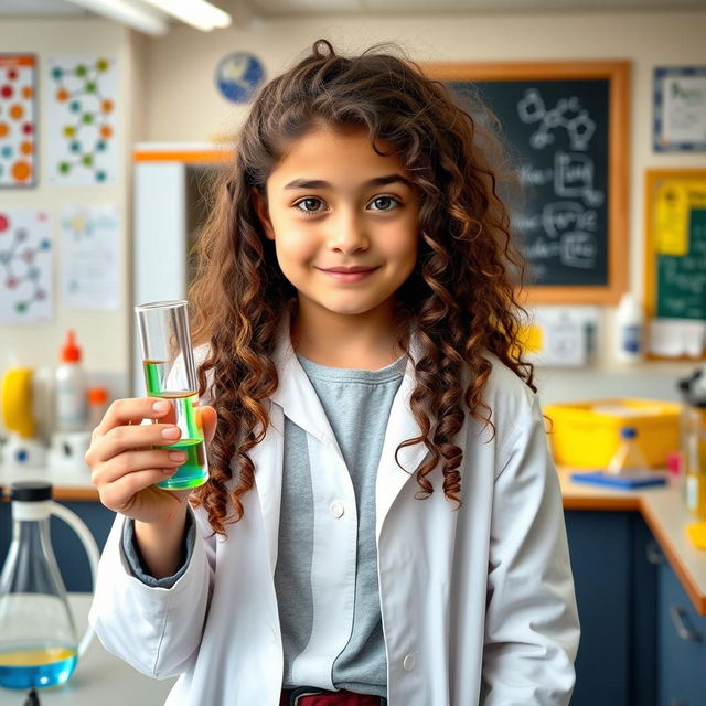 A young, intelligent teenage girl with long, curly hair, wearing a lab coat over casual clothes, holding a test tube filled with colorful liquid while surrounded by scientific equipment in a bright and cheerful laboratory