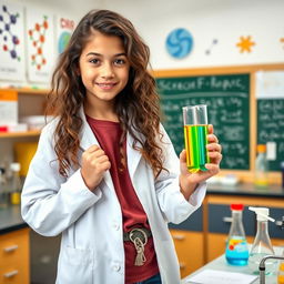 A young, intelligent teenage girl with long, curly hair, wearing a lab coat over casual clothes, holding a test tube filled with colorful liquid while surrounded by scientific equipment in a bright and cheerful laboratory