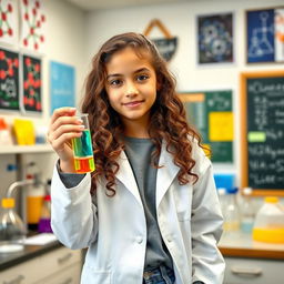 A young, intelligent teenage girl with long, curly hair, wearing a lab coat over casual clothes, holding a test tube filled with colorful liquid while surrounded by scientific equipment in a bright and cheerful laboratory